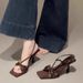 French-style Retro Leopard Print One-strap Sandals Women, Summer Outdoor Wear, Square Toe, Bowknot, Stiletto High-heeled_vogvips.com