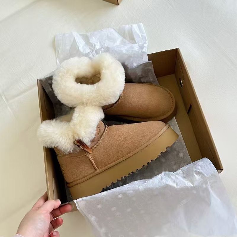 Women Trainers Flats Sneakers Sheepskin Buckle Genuine Leather Thickened Snow Boots For Women Winter New Korean Fashion Versatile Short Cotton_vogvips.com