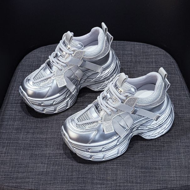 Dad Shoes Women's Thick-soled Inner Height Increase Casual Versatile Color Matching Rhinestone Mesh Sports Women's Shoes_vogvips.com