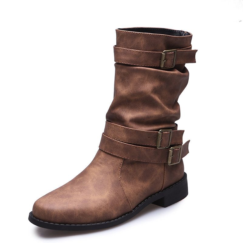 Winter Round Toe Mid Calf Smoking Boots For Women Plus Size Pleated Style In Stock New_vogvips.com