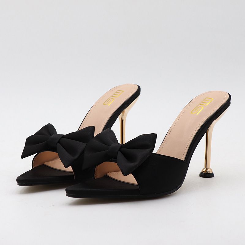 2025 Cross-Border European And American Sexy Pointed Toe Bowknot Stiletto Heel Slippers, Simple Solid Color, Plus Size,_vogvips.com