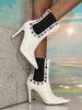 Elegant White Crystal-Embellished Peep-Toe Cutout Stiletto Boots - Pointed Toe, High Heel, Fashionable Mid-Calf Boots_vogvips.com