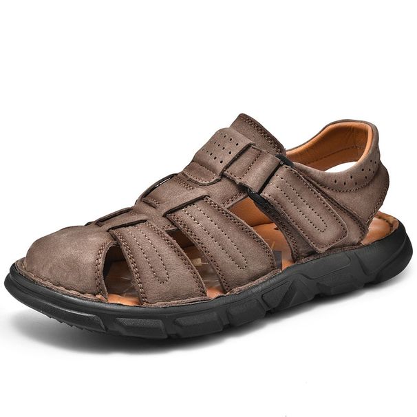 Men’s Closed Toe Nubuck Leather Outdoor Sandals, Adjustable Hook Loop Strap Non-Slip Work Walking Sandals_vogvips.com