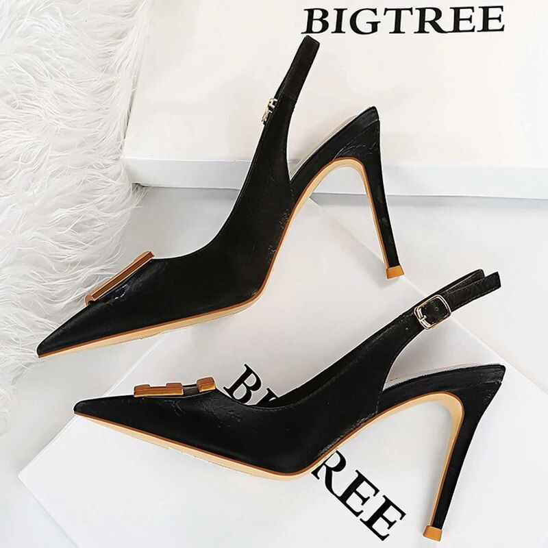 BIGTREE Shoes Pointed Toe Women Pumps Metal Square Buckle High Heels Stiletto Sexy Party Shoes Summer Women Sandals Size 42 43_vogvips.com