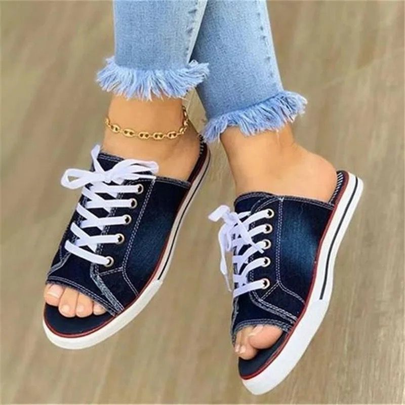Women's Shoes Spring And Summer Fish Mouth Denim Lace Up Casual Flat Soled Women's Sandals Large Size Lace Up Slippers For Women_vogvips.com