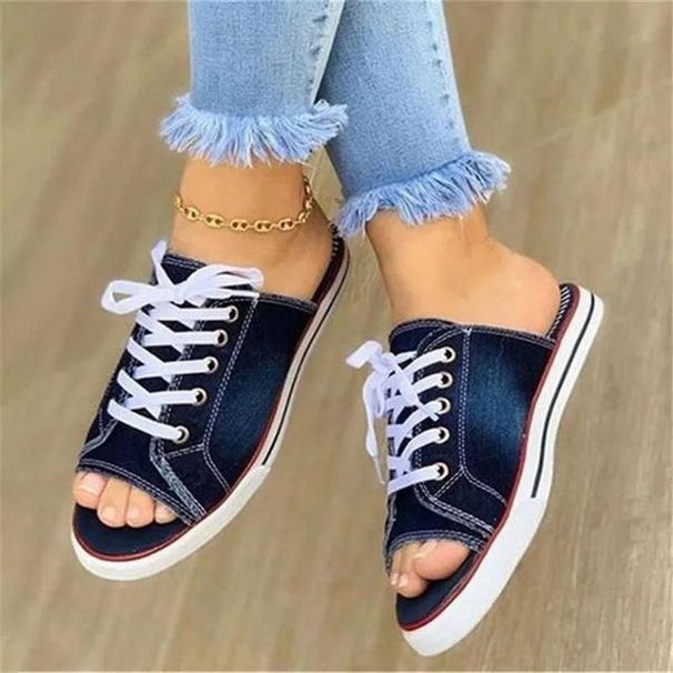 Women's Shoes Spring And Summer Fish Mouth Denim Lace Up Casual Flat Soled Women's Sandals Large Size Lace Up Slippers For Women_vogvips.com