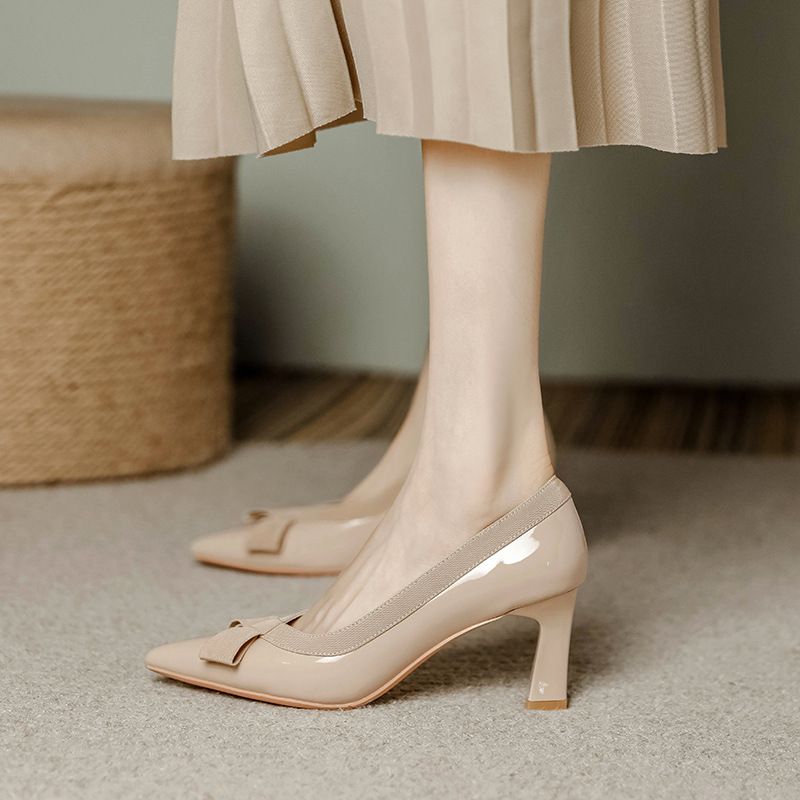 Nude Color Chunky Pointed Toe Mid Heel High Heels For Women 7cm 2024 Spring Autumn Soft Leather Dress Shoes_vogvips.com