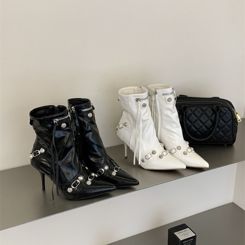 Metal Buckle Rivet Tassel Motorcycle 2026 New Model Side Zipper Stiletto Pointed High-Heeled Ankle Boots For Women_vogvips.com