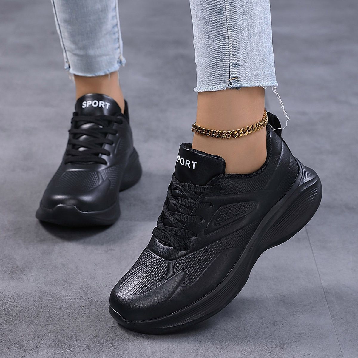 Women's Leather Sports All Black Casual Fitness Lightweight Work Running Shoes, Women's Waterproof And Dirt Resistant 55F_vogvips.com