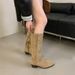 Girl Next Door, Millennium Style~! Retro Square-Toed, Ruched, Chunky-Heeled Stacked Fashion Boots, Mid-Calf Cowboy Boots_vogvips.com