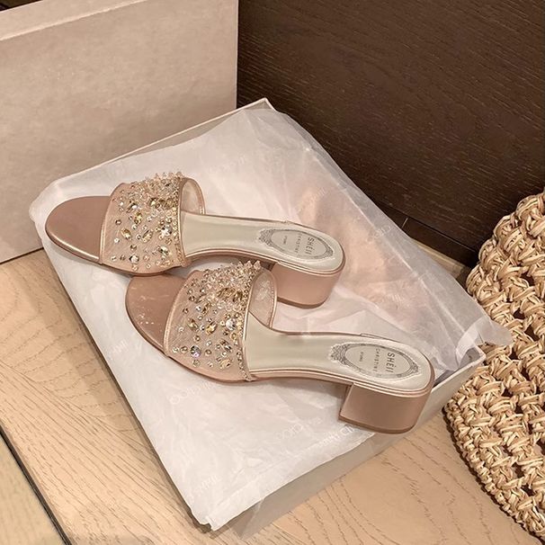 Women's Mesh Rhinestone Chunky Heel Sandals Crystal Slippers for Evening Wear Summer Outerwear Limited Edition_vogvips.com