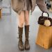 Grape Mom Autumn Winter New Motorcycle Miu Fashionable Belt Buckle Retro Chunky Heel Mid-Calf Riding Boots For Women_vogvips.com