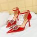 8323-H18 Style Banquet High Heels Women's Shoes Shallow Mouth Hollow Water Diamond Bow Belt Sandals_vogvips.com