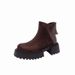 Brown Round Toe Genuine Leather Thick Sole Ankle 2024 Autumn Winter New Suede Height Increasing Versatile Chunky Heel_vogvips.com
