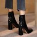 WOMEN ANKLE BOOTS Winter Square Toe Retro Thick Short Women's Single After Zipper High Heel Nude Boots_vogvips.com