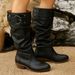 Retro Pleated Knee High Boots For Women Belt Buckle Mid Heel Plus Size Autumn Style Solid Plain PU Suede Riding Boots_vogvips.com