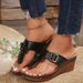 New Large Slope Heel Women's Flower Casual Solid Color Belt Buckle Herringbone Slippers Women_vogvips.com