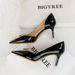 638-AK68 European And American Fashion Party Heels Stiletto Patent Leather Pointed Toe Metal Bow Side Hollow High Heel_vogvips.com