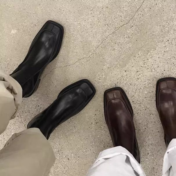 Korean Niche Trend Square Toe Chunky Slim Back Zipper Low Heel Mid-Calf Bare Martin Boots For Women_vogvips.com