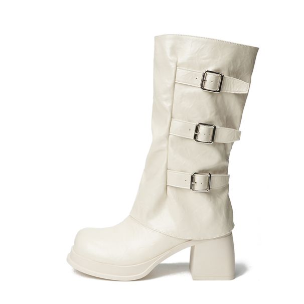 Women's Shoes Two Way Reversible Mid Calf High Heeled Combat Boots, Detachable Chunky Heel, Platform Sole, Slouch Boots, Western Cowboy Boots._vogvips.com