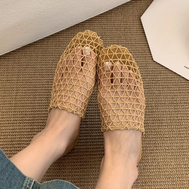 Retro New Style Mesh Hollow Breathable Sandals, Fishnet Woven Closed-toe Mules, Flat-soled Roman Sandals_vogvips.com