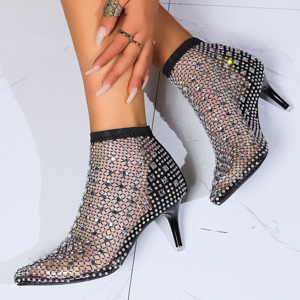 Shoes Women's Shoes Sexy Pointed Stilettos Large Size Fishnet Stockings Hollow Rhinestone Elastic Transparent Fashion High Heel Women's Sandals_vogvips.com