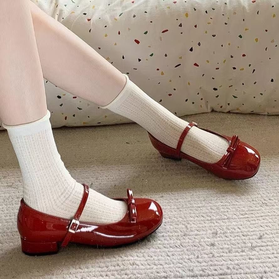 Ankela Red Bowknot Women's Mary Jane 2025 Summer New French Style Trendy Chunky Heel Height-Increasing Leather Shoes_vogvips.com