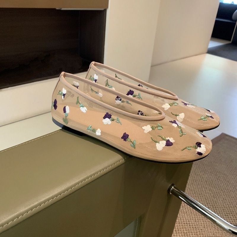 Floral Embroidered Mesh Slip-On Shoes - Breathable & Lightweight (Women's Flat Ballet Flats, Comfortable For Daily Wear)_vogvips.com