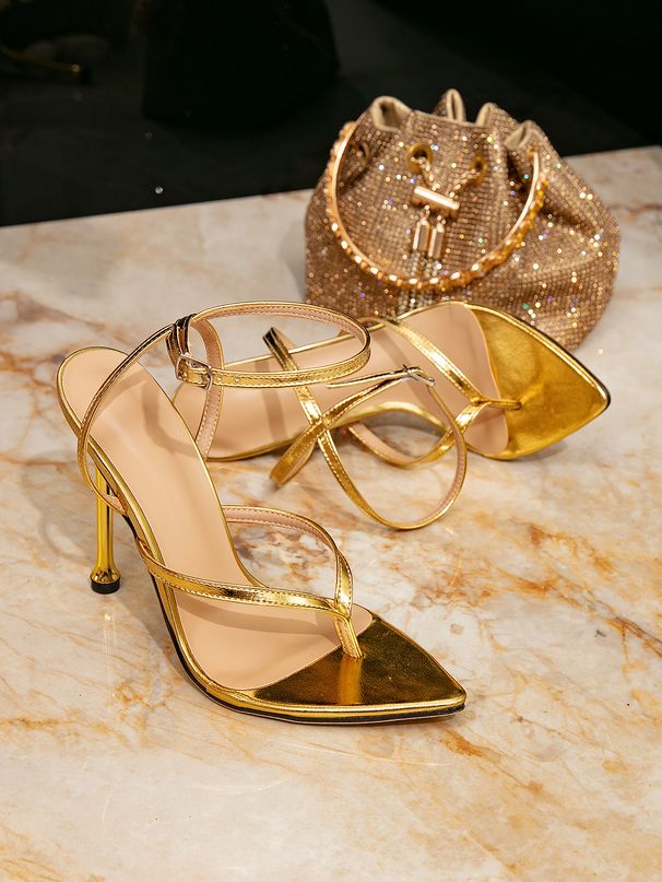 Gold Heels Shoes Stiletto Fashion Party Evening Gathering Pointed Buckle Split Toe Women's High Heel Sandals_vogvips.com