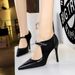 9783-1 Style Heels, Slim Heel, Suede, Pointed Patchwork, Hollowed Out Deep Cut S, Single Shoe, High Heeled Women's_vogvips.com