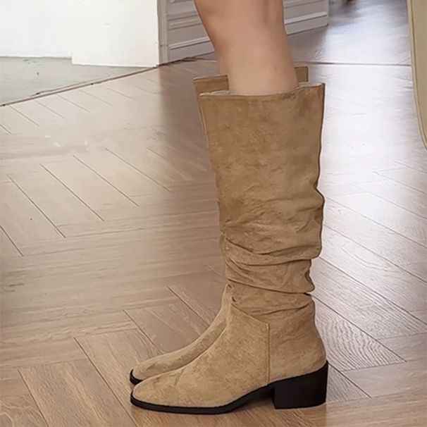 Wrinkled Korean Style Tube High Apricot Long 2024 Autumn Winter New Western Cowboy Women's Boots Solid Color_vogvips.com