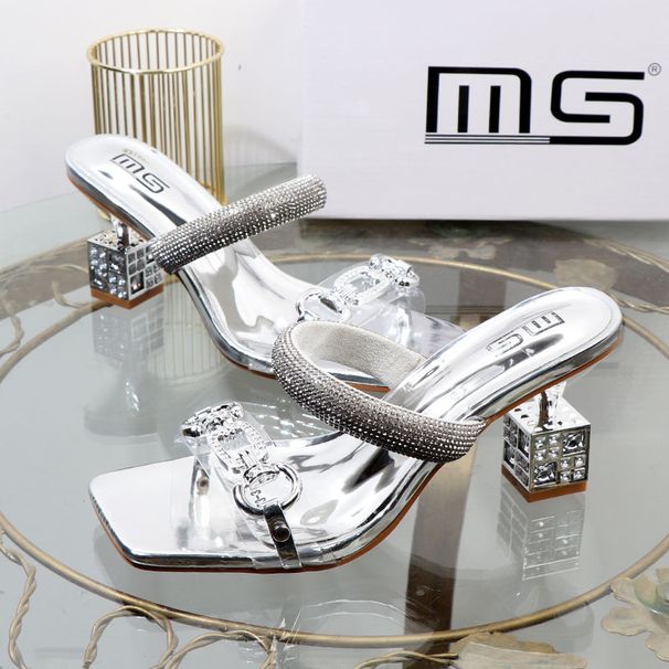 High Aesthetic Gold One Word Slipper 2024 Summer New Fashion Thick Irregular Metal High Heel External Wear Sandal_vogvips.com