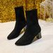 Pointed Toe Fly Knit Stretch 2025 Autumn Winter Plus Size High Chunky Heel Short Boots Women_vogvips.com