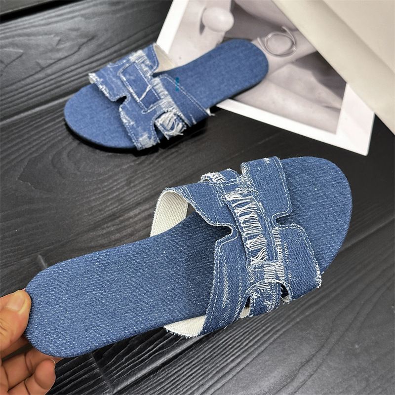 plus Size Women's Flat Slippers Lightweight Indoor And Outdoor Brushed Denim One Strap Sandals_vogvips.com