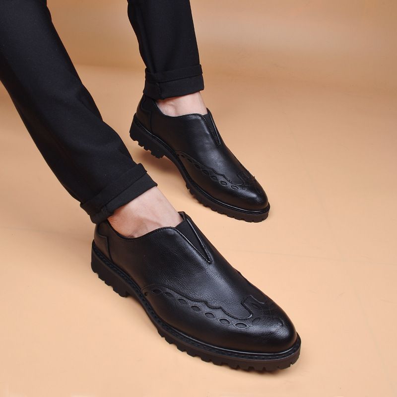 Men's Height Increasing Trendy Hairstylist Pointed Business Carved Breathable Casual Leather Shoes_vogvips.com
