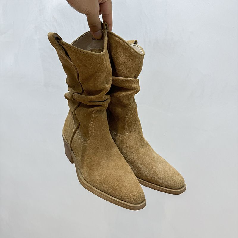 Women's Pointed Toe Slimming Ankle Boots Retro Chunky Heel Martin Riding Boots Pleated Western Slouch Style For Autumn Winter_vogvips.com