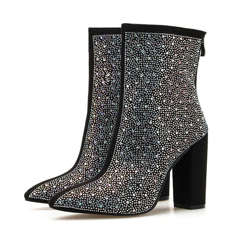 Elegant Women's Chunky Heel Pointed Toe Ankle Boots With Rhinestones - Stylish Winter/Spring/Fall Fashion Boots For Ladies (Black, Sizes 35-42)_vogvips.com