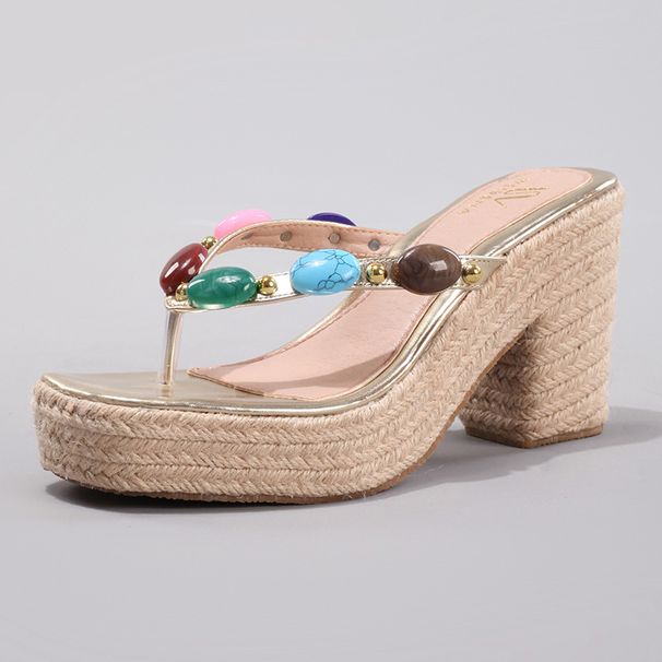 Women's Shoes Rope Wedge Sandals Colorful Beaded Flip Flops Summer Leisure Vacation High Heels_vogvips.com