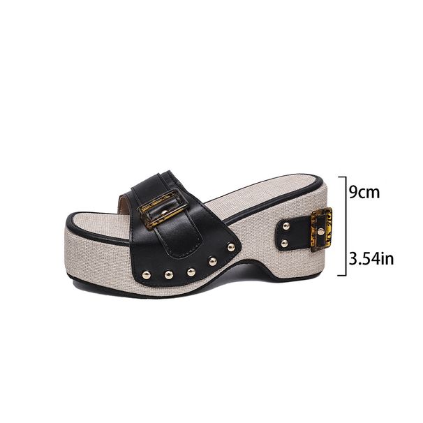 Women's Shoes Large Size Summer New Thick Heel Buckle Metal Buckle Slippers One Strap Beach Sandals_vogvips.com