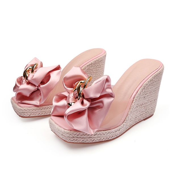 Women’s Shoes New Summer Square Head Wedge Heel Thick Bottom High Heel Slippers Women's Bow Flower Glass Glue Sandals_vogvips.com