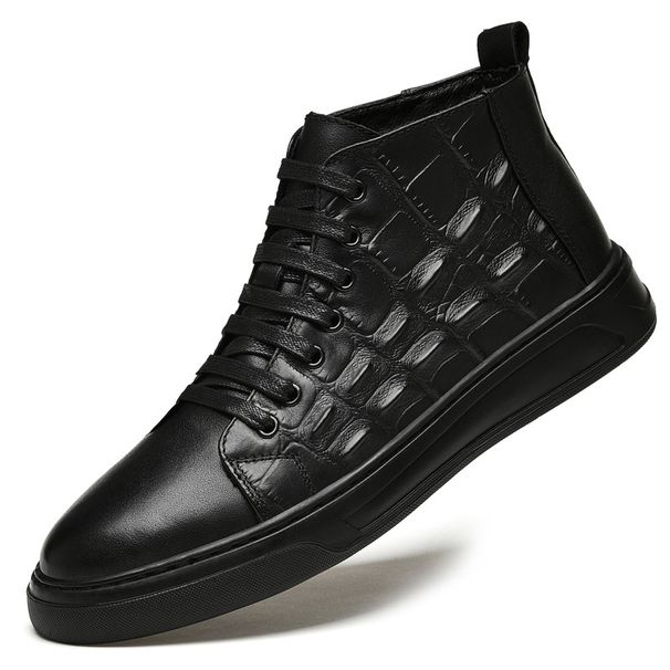 The First Layer Of Men's Wavy Pattern Casual High-top Lace-up Board Shoes, Warm And Velvet, Breathable_vogvips.com