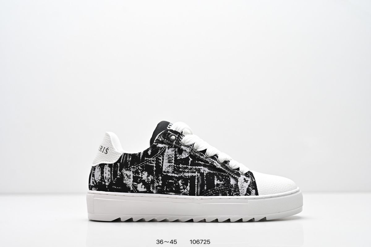 Men Women Retro Black‑White Abstract Pattern Fabric Platform Sneakers, White Toe Cap & Serrated Non‑Slip Thick Outsole,Lace‑Up Low‑Cut Casual Footwear_vogvips.com