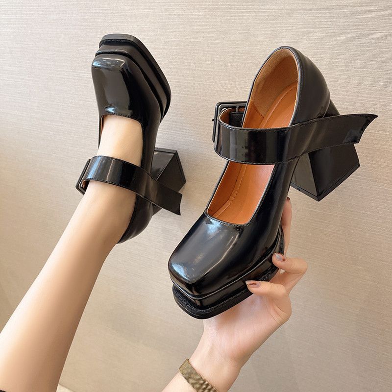 Mary Jane High-heeled Shoes For Women With Buckle, 2023 Early Spring Vintage Square-toed Women's Waterproof Platform_vogvips.com