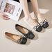 French-style Elegant Women's Shoes For Spring Autumn, Vintage Woven Patchwork Ballet Flats With Bow And Square Toe_vogvips.com