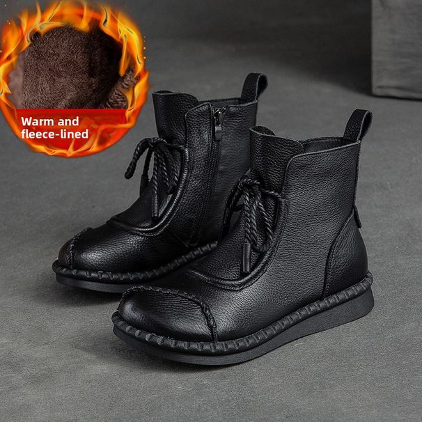 Shanghai Jie Zou Winter New Flat High-top Cotton Solid Color Retro Martin Roman Style Women's Leather Short Boots_vogvips.com