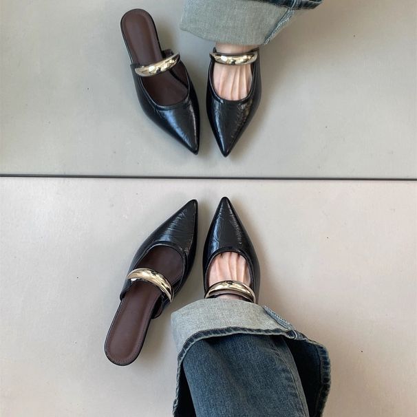 Elegant Pointed Metal Strap Closed Toe Half Slippers 2025 New Wedge Mid Heel Mules Thick Sole Women's Sandals_vogvips.com