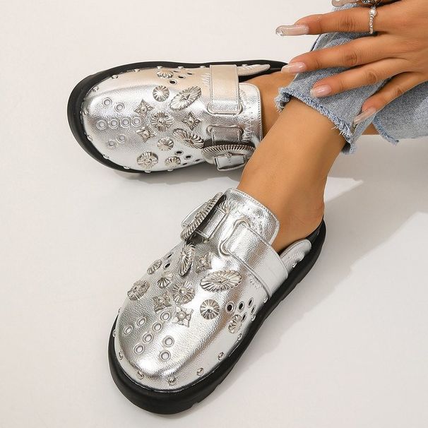 Women's Shoes Half Slippers Retro Thick Soled Rivet One Strap Flat Mules_vogvips.com