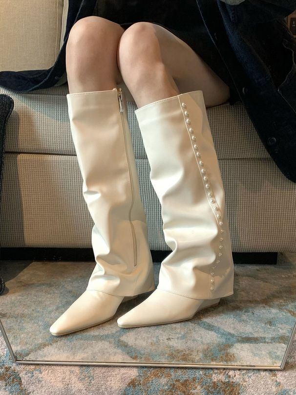 Pointed Toe High 2024 Winter New Korean Style Versatile Over-the-Knee Pearl Tube Boots For Women_vogvips.com