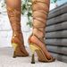 Women's Metallic Gold Square Toe Wrap-Around Stiletto Sandals, Strappy Ankle Tie Party Heels_vogvips.com