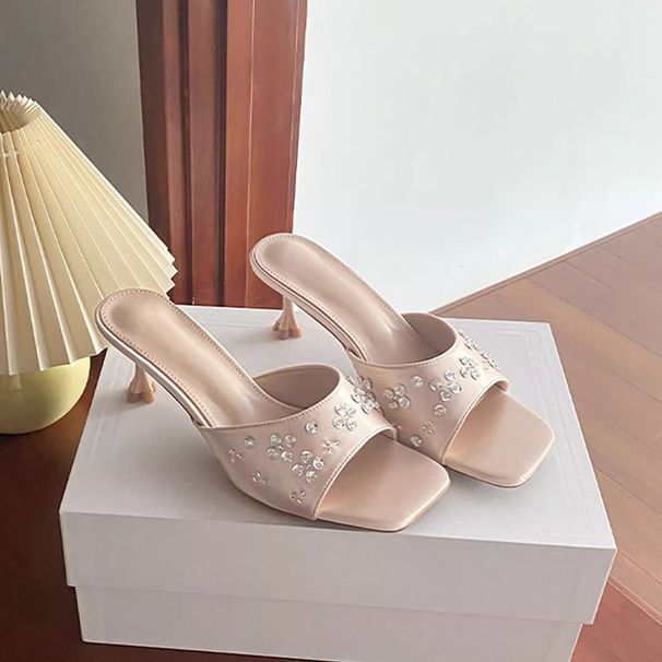French Square Toe Cat Heel Silks And Satins Sandals Women's Summer New Arrivaloutwearelegant Petals Rhinestone Skirt High Heels_vogvips.com